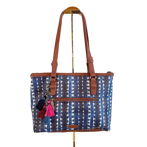 The Sak Happy and Free Blue Shibori Print Brown Top Leather Shoulder Hand Bag